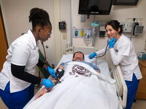 nursing students taking pulse on a simulated body